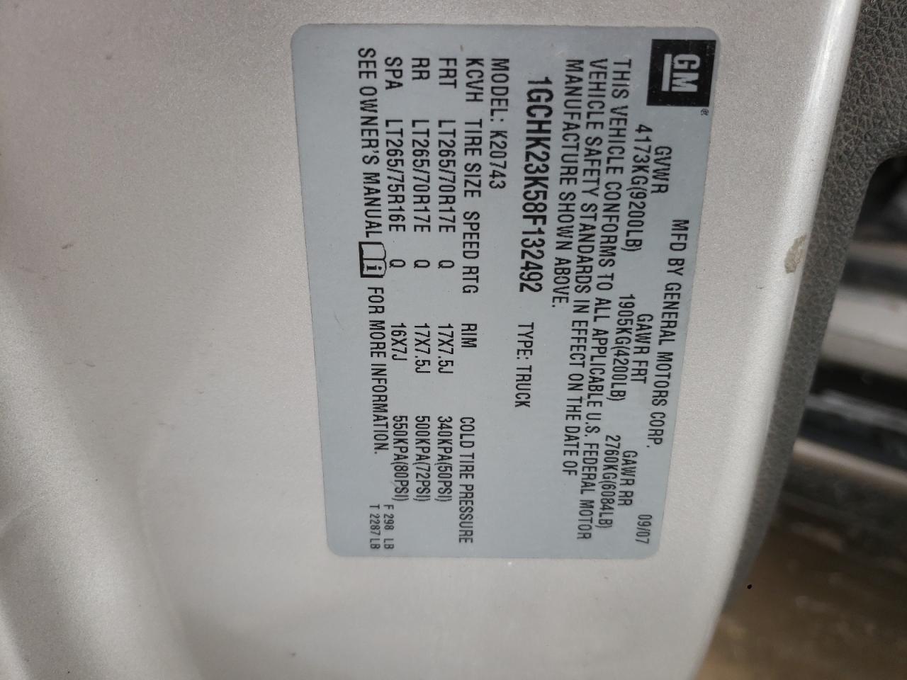 2008 Chevrolet Silverado K2500 Heavy Duty VIN: 1GCHK23K58F132492 Lot: 82093405