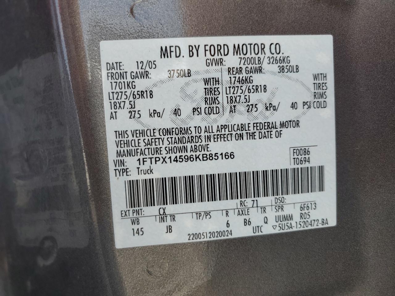 2006 Ford F150 VIN: 1FTPX14596KB85166 Lot: 71530355