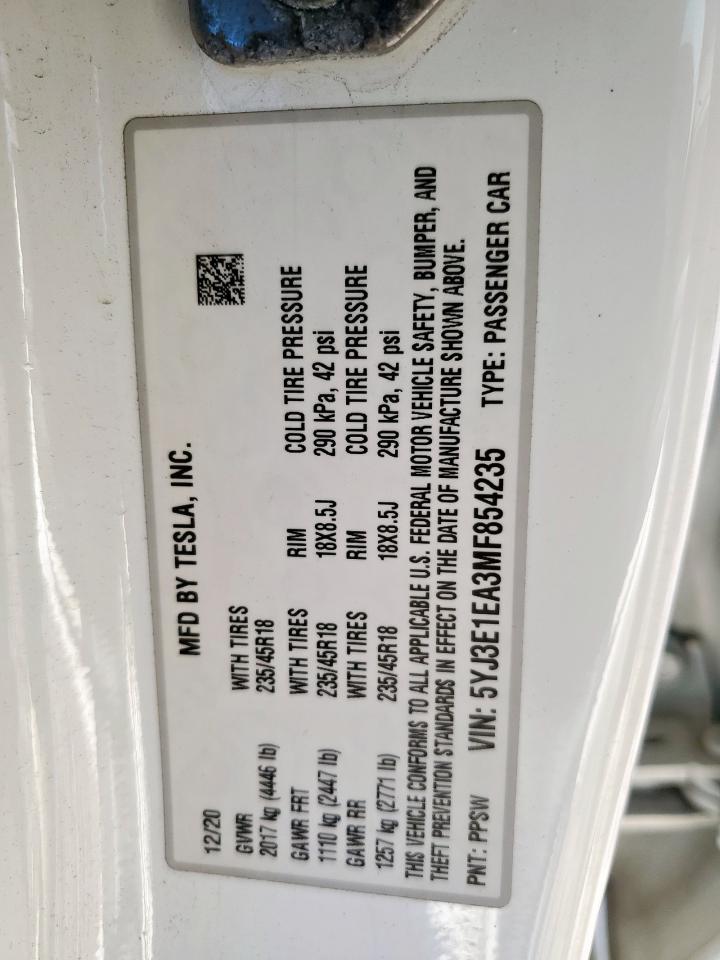 2021 Tesla Model 3 VIN: 5YJ3E1EA3MF854235 Lot: 81639855