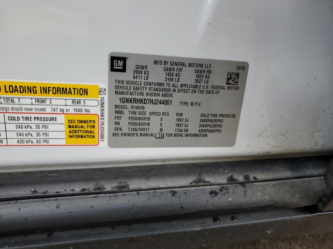 2017 Chevrolet Traverse Lt VIN: 1GNKRHKD7HJ244061 Lot: 80494415