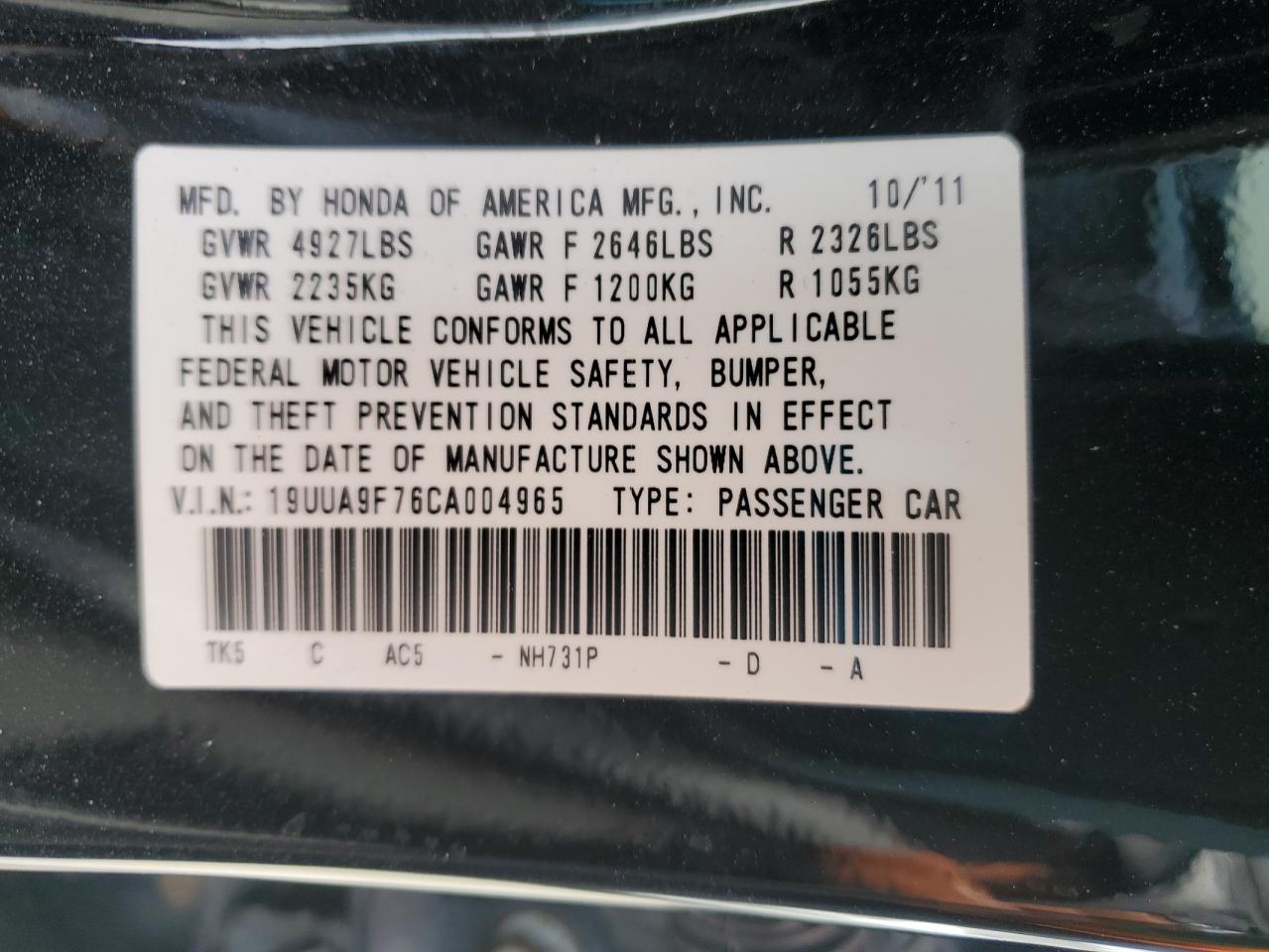 2012 Acura Tl VIN: 19UUA9F76CA004965 Lot: 80170335