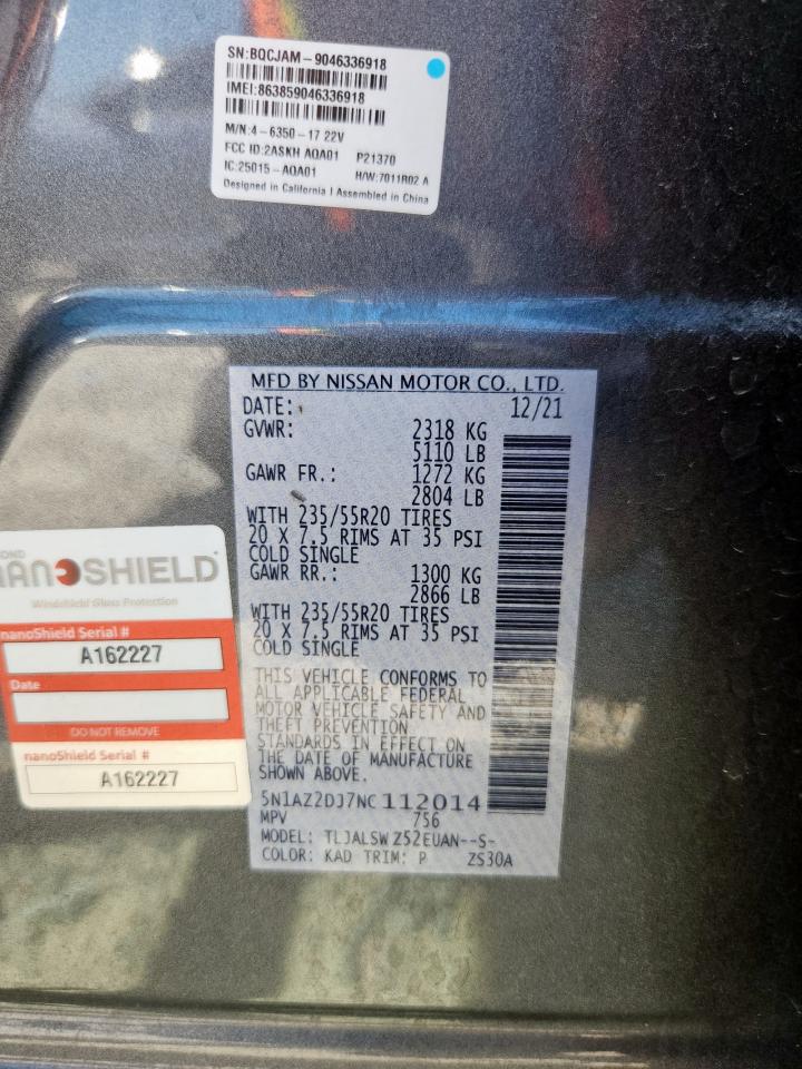 2022 Nissan Murano Platinum VIN: 5N1AZ2DJ7NC112014 Lot: 72031455