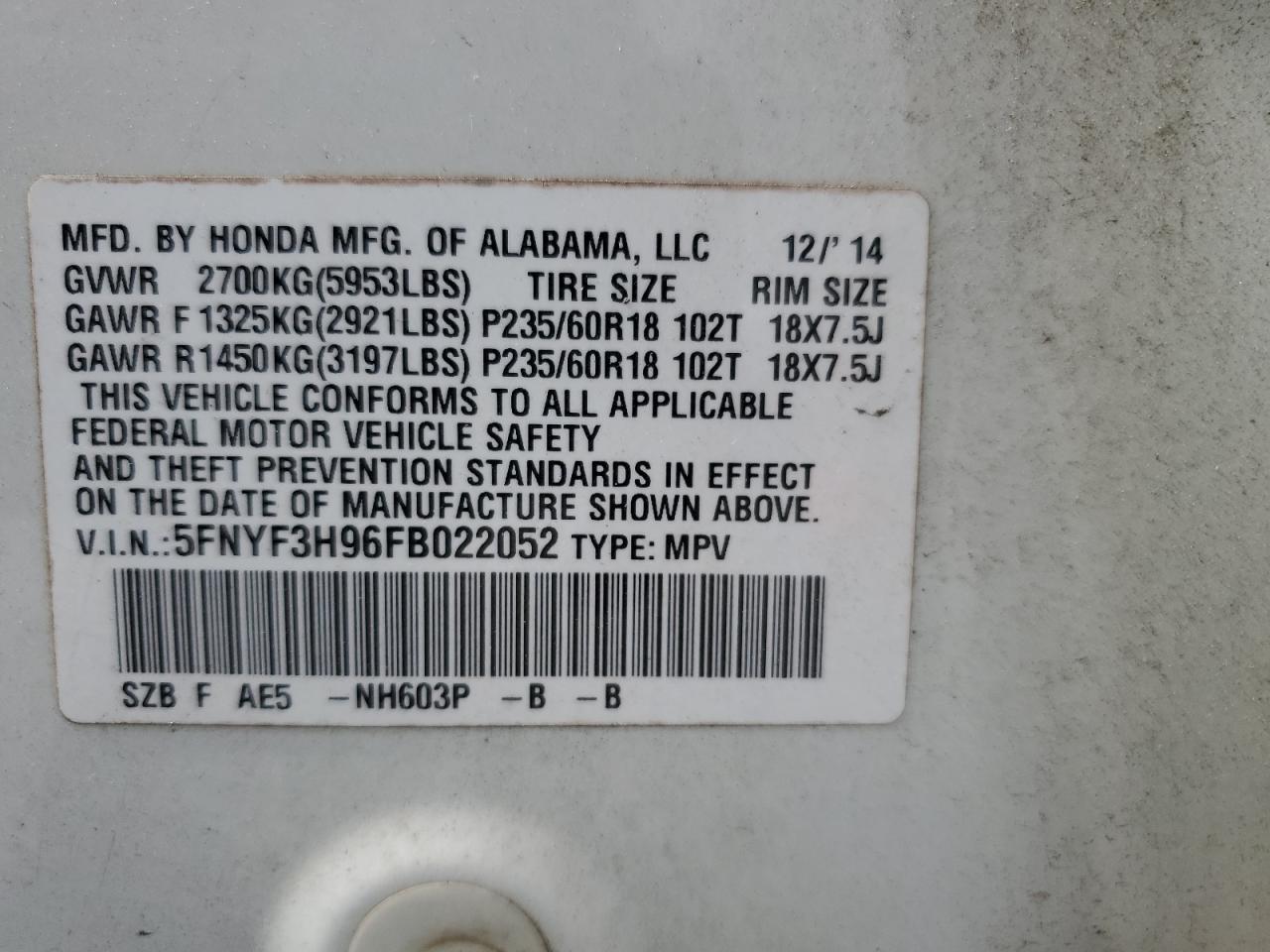 2015 Honda Pilot Touring VIN: 5FNYF3H96FB022052 Lot: 84805395