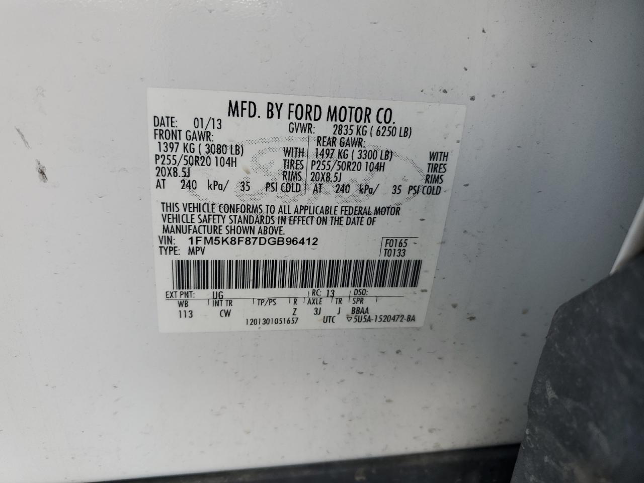 2013 Ford Explorer Limited VIN: 1FM5K8F87DGB96412 Lot: 81811255