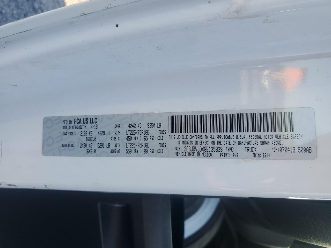 2016 Ram Promaster 3500 3500 High VIN: 3C6URVJDXGE135839 Lot: 71474705