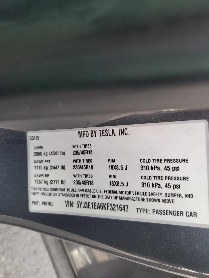 2019 Tesla Model 3 VIN: 5YJ3E1EA6KF321647 Lot: 81267735