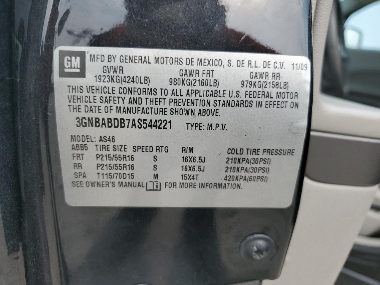 2010 Chevrolet Hhr Lt VIN: 3GNBABDB7AS544221 Lot: 93504105