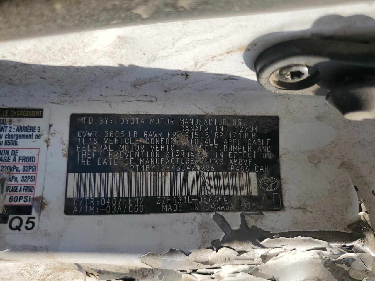 2005 Toyota Corolla Xrs VIN: 2T1BY32E45C424595 Lot: 71265245