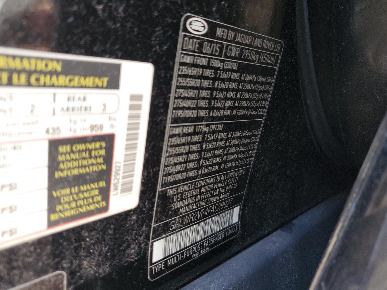 2015 Land Rover Range Rover Sport Hse VIN: SALWR2VF4FA629927 Lot: 81437765