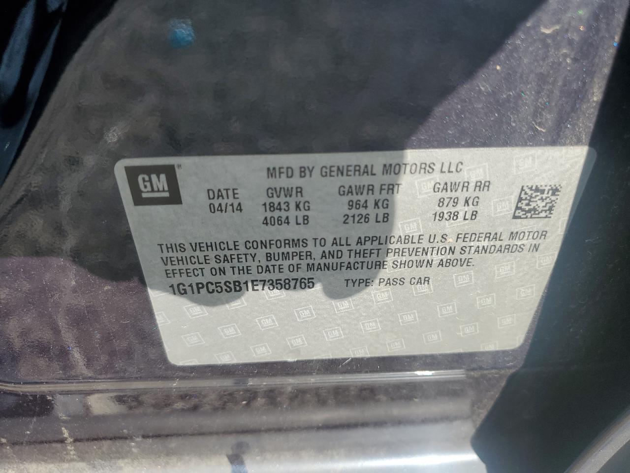 2014 Chevrolet Cruze Lt VIN: 1G1PC5SB1E7358765 Lot: 71126855