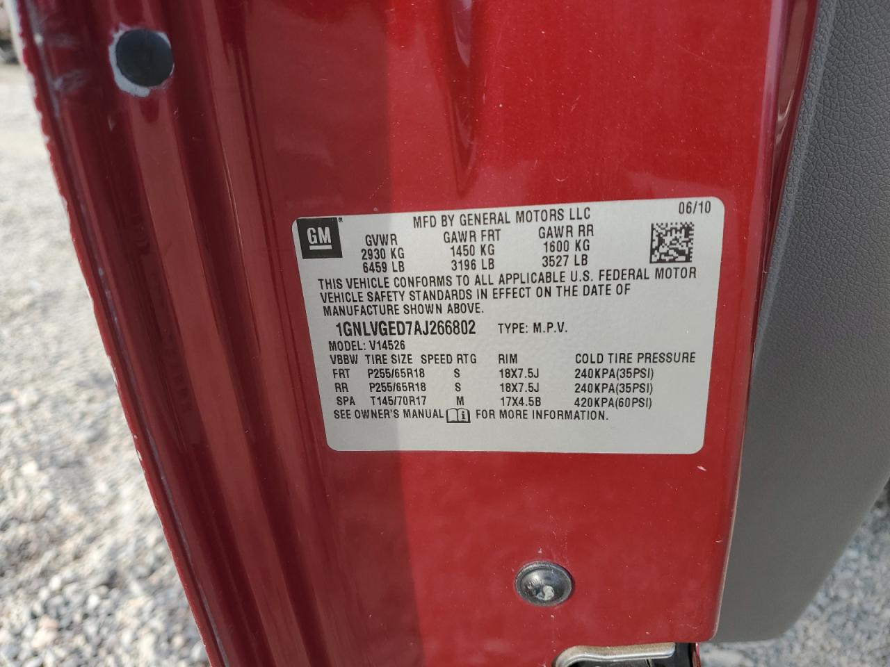 2010 Chevrolet Traverse Lt VIN: 1GNLVGED7AJ266802 Lot: 83943145