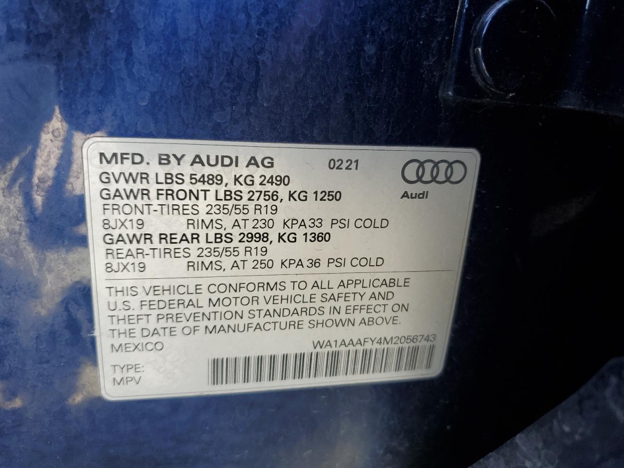 2021 Audi Q5 Premium VIN: WA1AAAFY4M2056743 Lot: 71246075