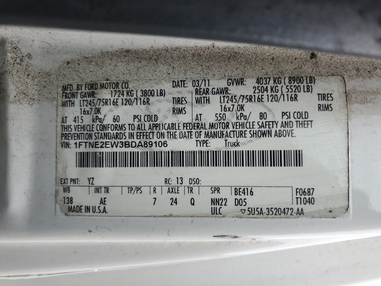 2011 Ford Econoline E250 Van VIN: 1FTNE2EW3BDA89106 Lot: 71209975