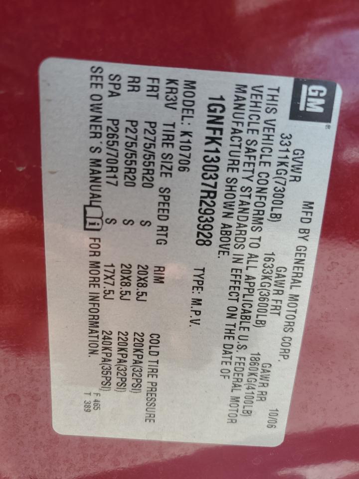 2007 Chevrolet Tahoe K1500 VIN: 1GNFK13037R293928 Lot: 70147355