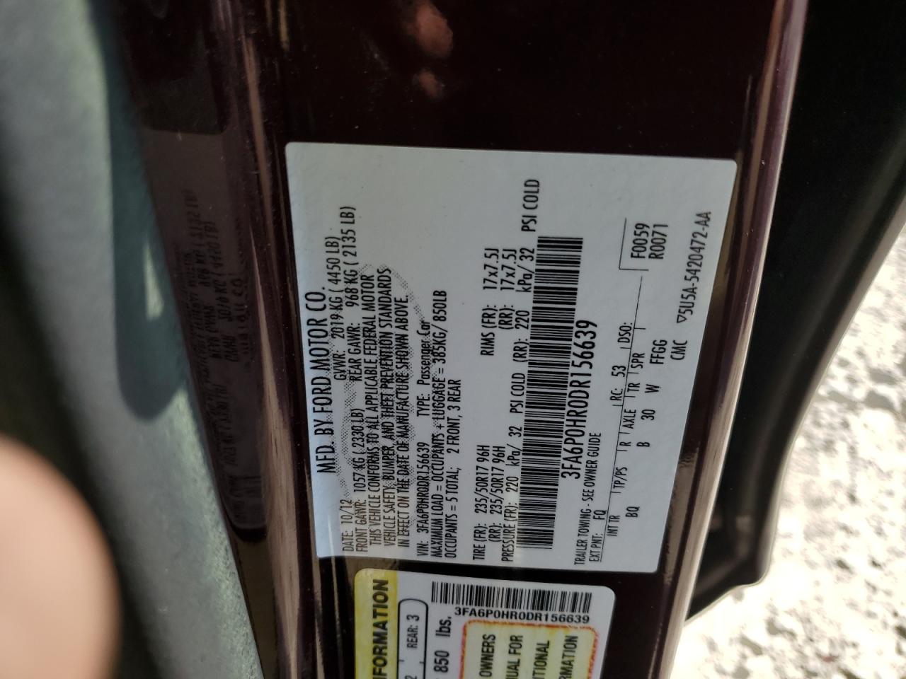 2013 Ford Fusion Se VIN: 3FA6P0HR0DR156639 Lot: 81003455