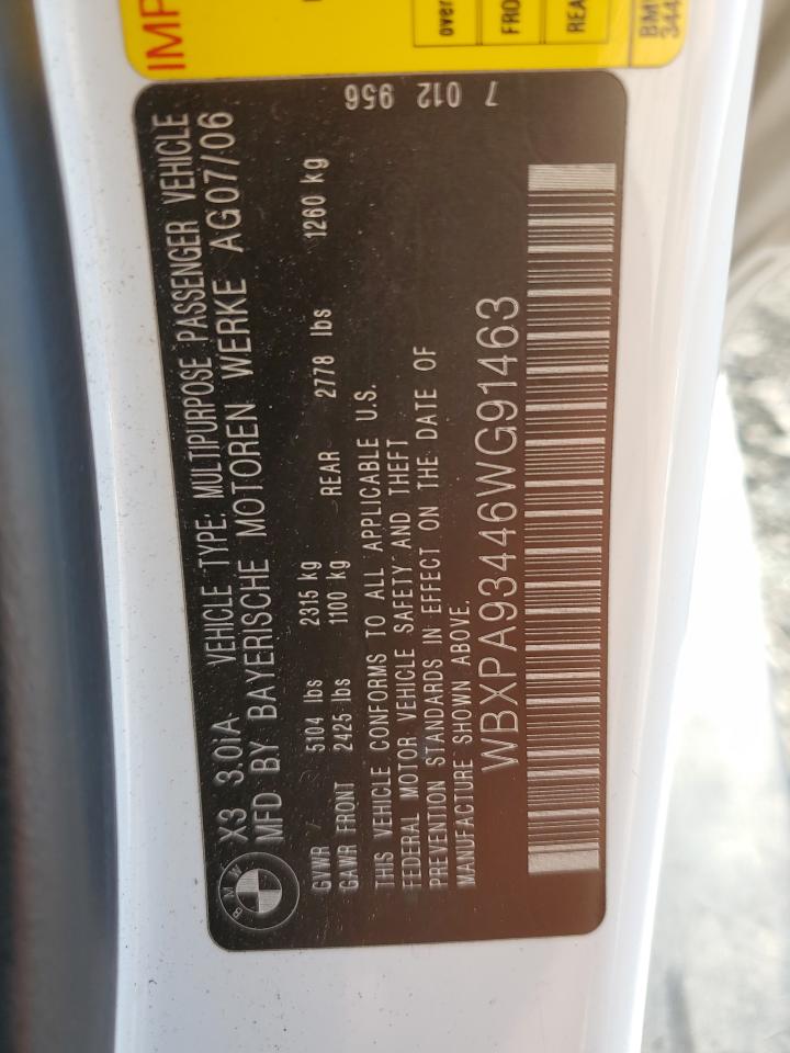 2006 BMW X3 3.0I VIN: WBXPA93446WG91463 Lot: 81759315