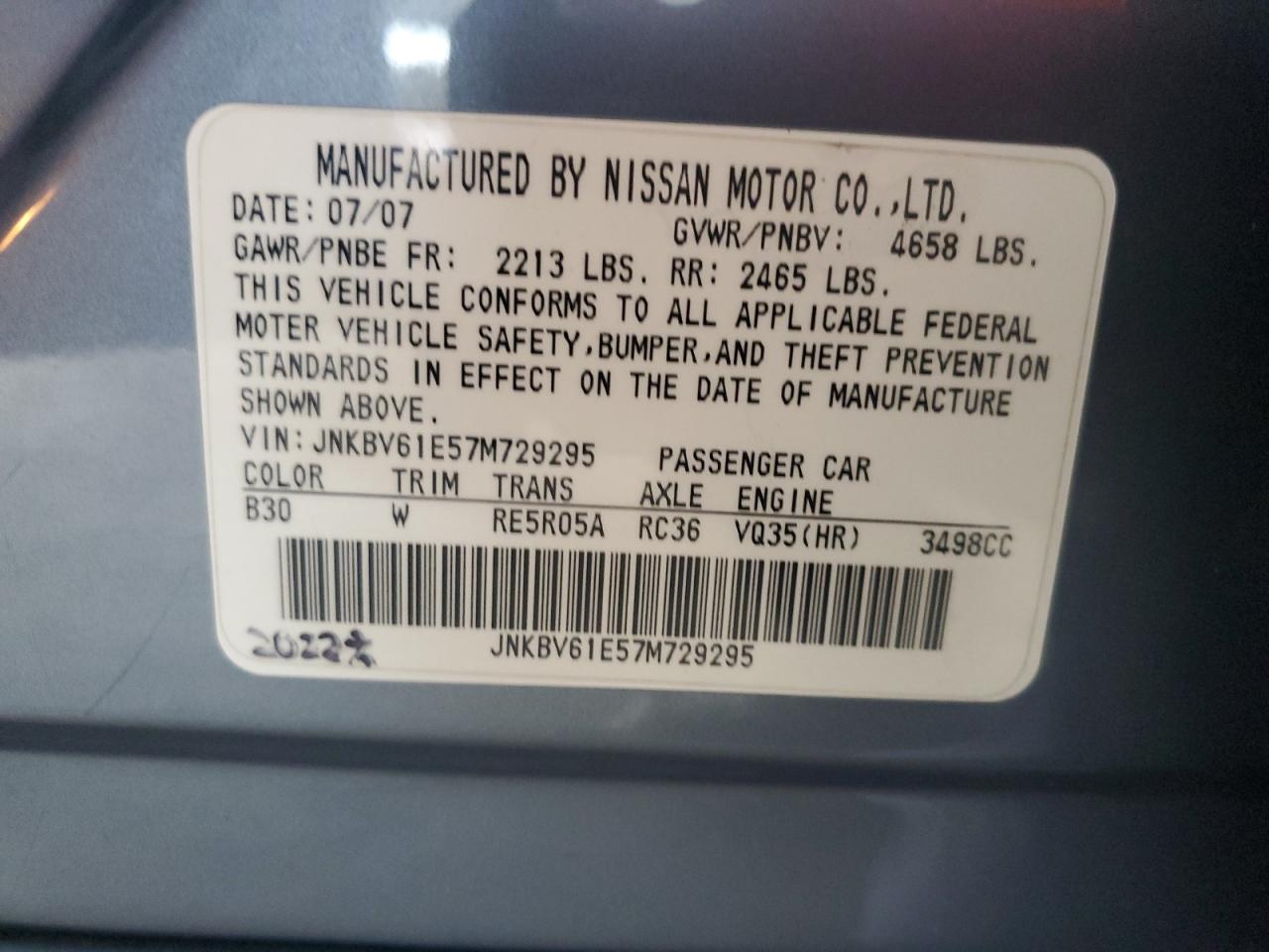 2007 Infiniti G35 VIN: JNKBV61E57M729295 Lot: 81740265