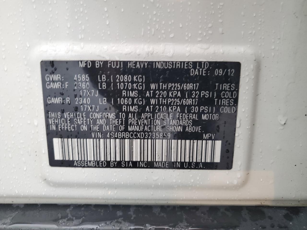 2013 Subaru Outback 2.5I Premium VIN: 4S4BRBCCXD3235859 Lot: 72059905