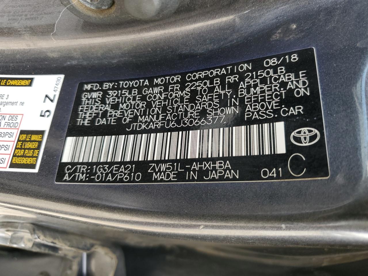 2018 Toyota Prius VIN: JTDKARFU6J3066377 Lot: 81664755