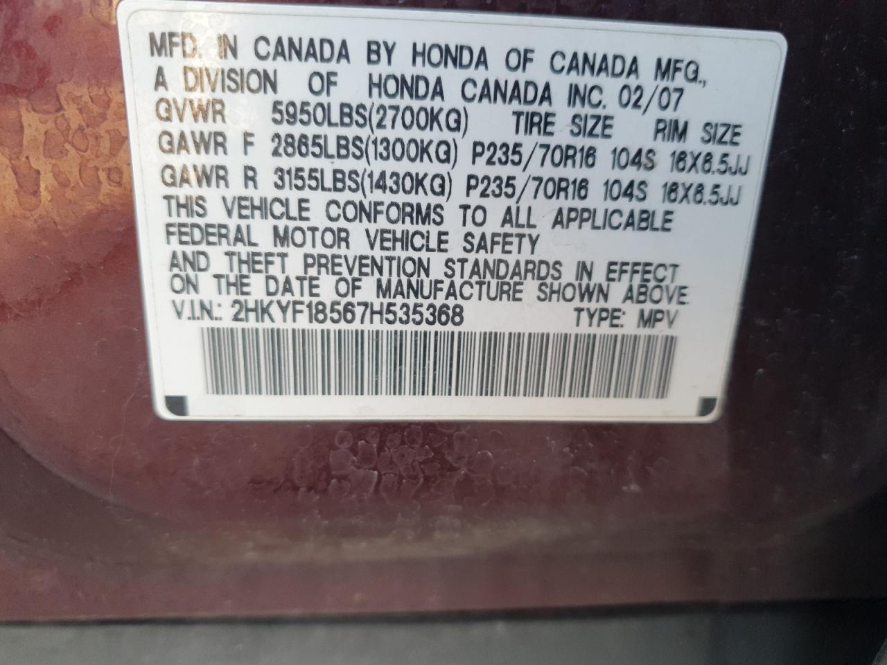 2007 Honda Pilot Exl VIN: 2HKYF18567H535368 Lot: 84218325