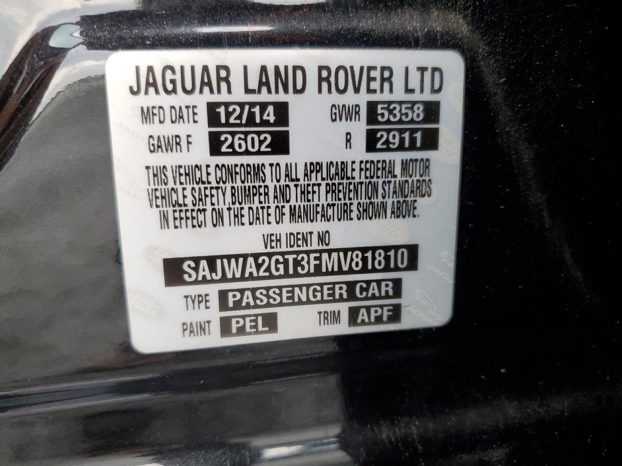 2015 Jaguar Xjl Supercharged VIN: SAJWA2GT3FMV81810 Lot: 81804865