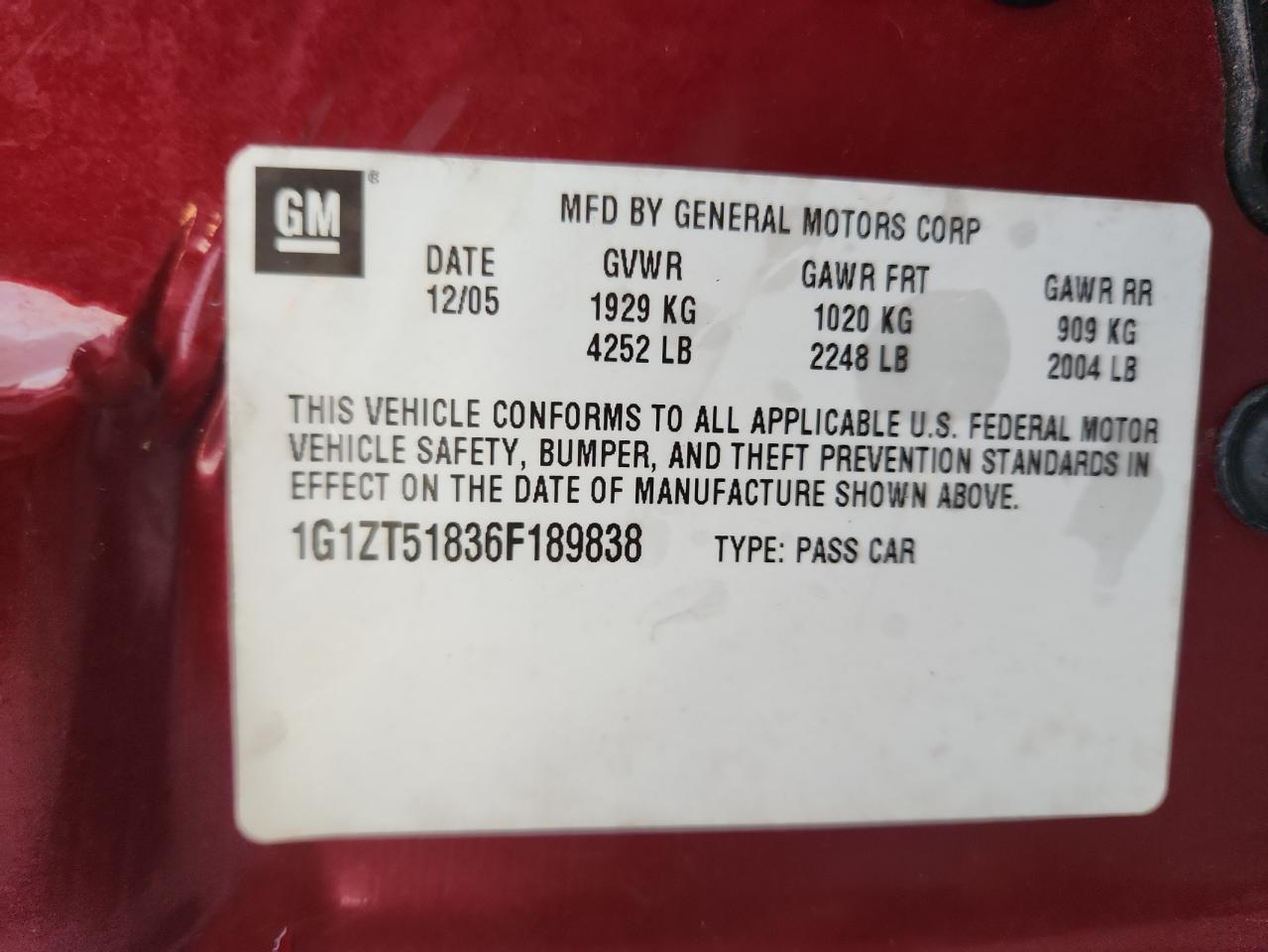 2006 Chevrolet Malibu Lt VIN: 1G1ZT51836F189838 Lot: 81248165