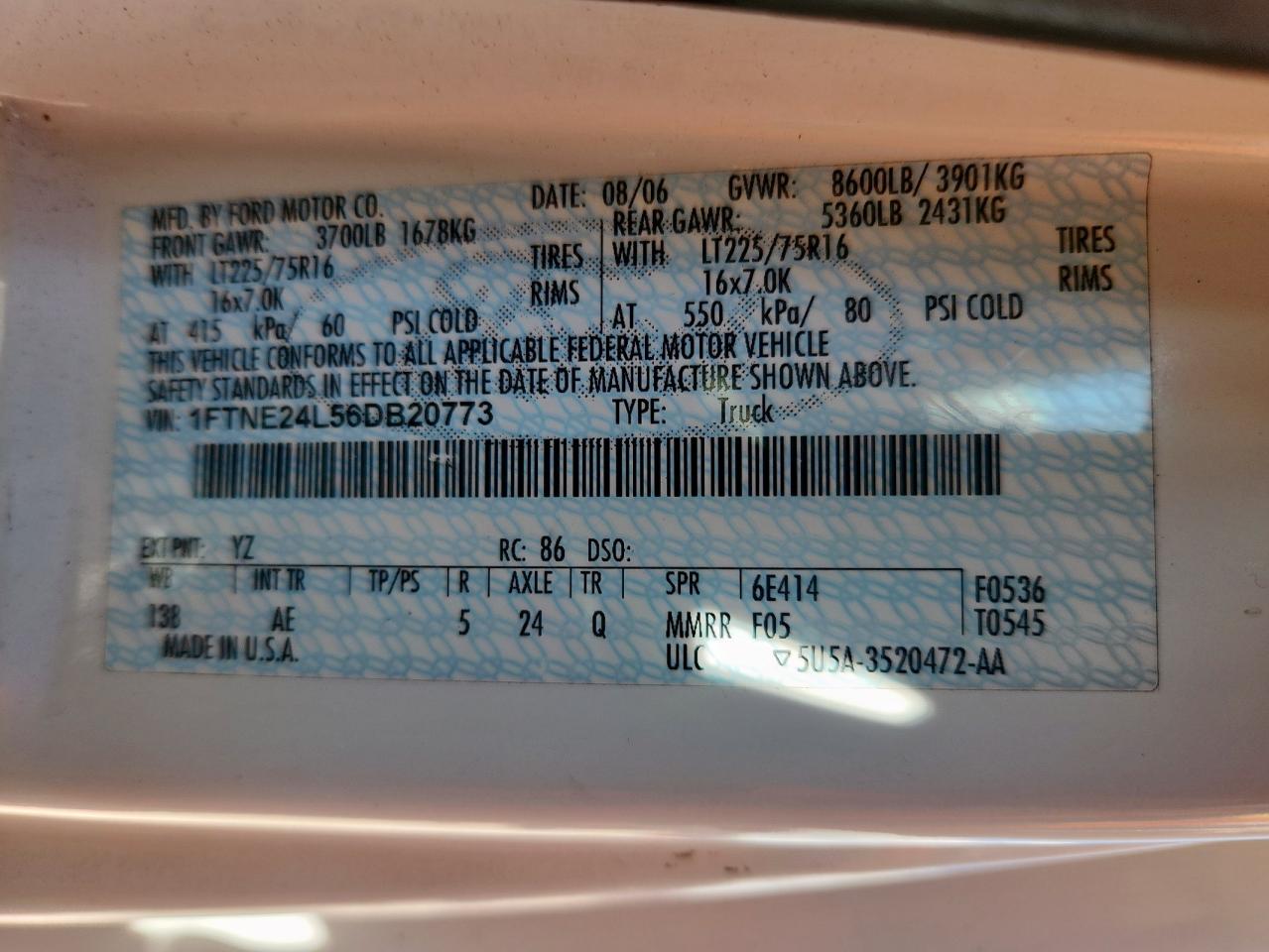 2006 Ford Econoline E250 Van VIN: 1FTNE24L56DB20773 Lot: 81795475