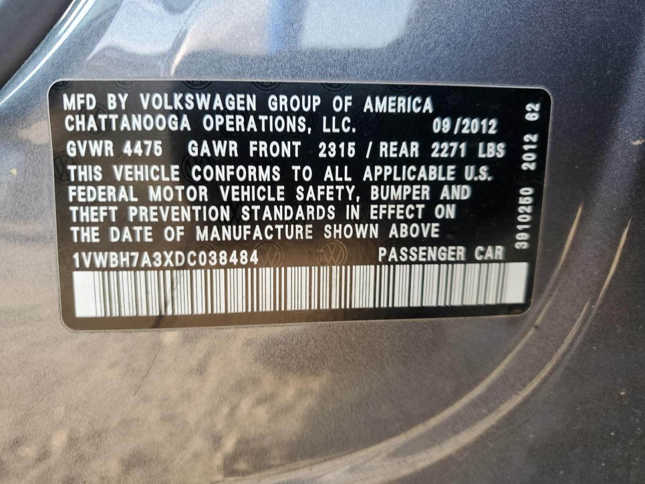 2013 Volkswagen Passat Se VIN: 1VWBH7A3XDC038484 Lot: 71779225