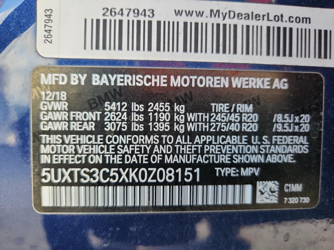 2019 BMW X3 xDrivem40I VIN: 5UXTS3C5XK0Z08151 Lot: 82162795