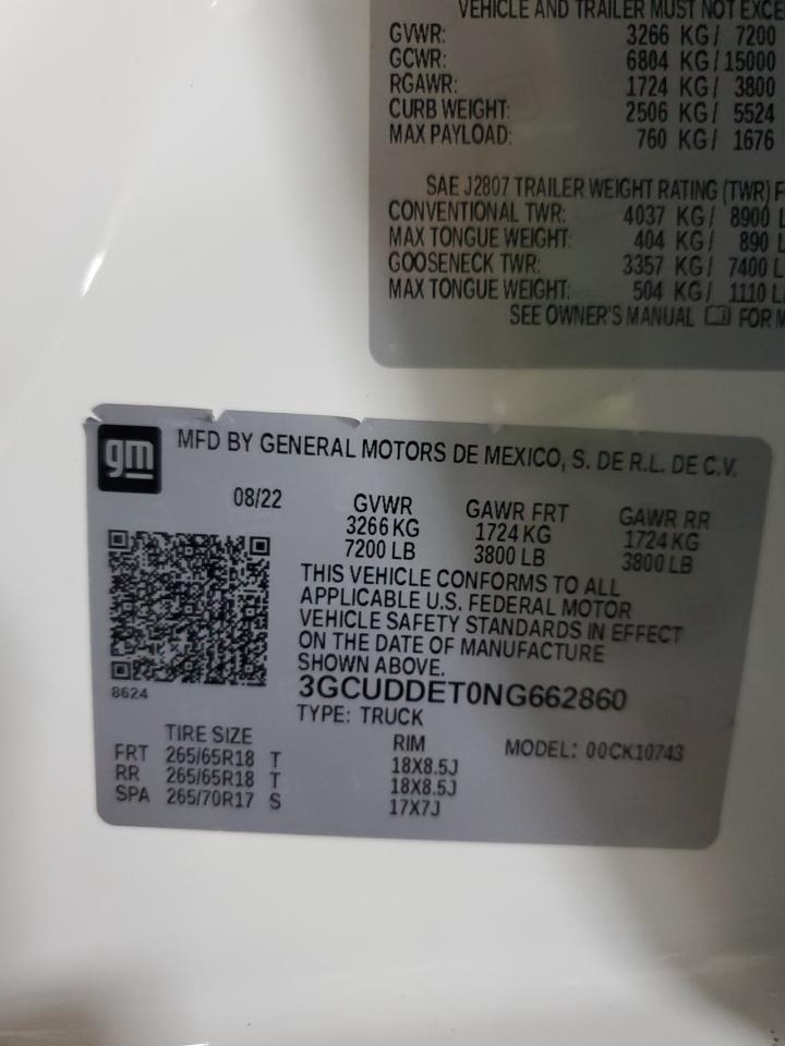 2022 Chevrolet Silverado K1500 Lt VIN: 3GCUDDET0NG662860 Lot: 84589185