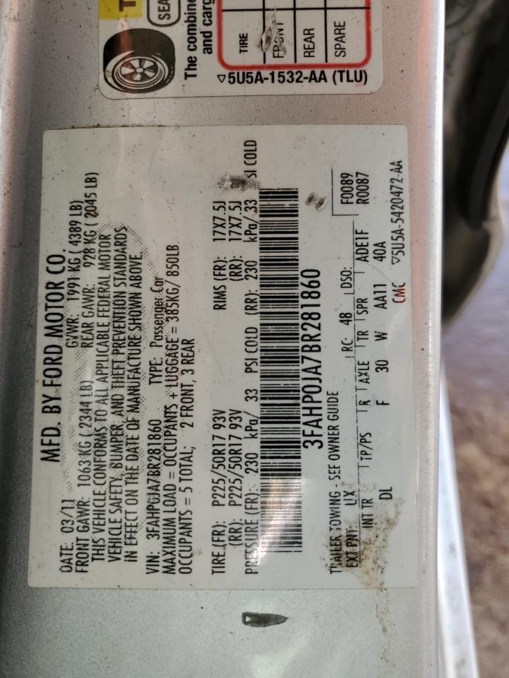 2011 Ford Fusion Sel VIN: 3FAHP0JA7BR281860 Lot: 71262825