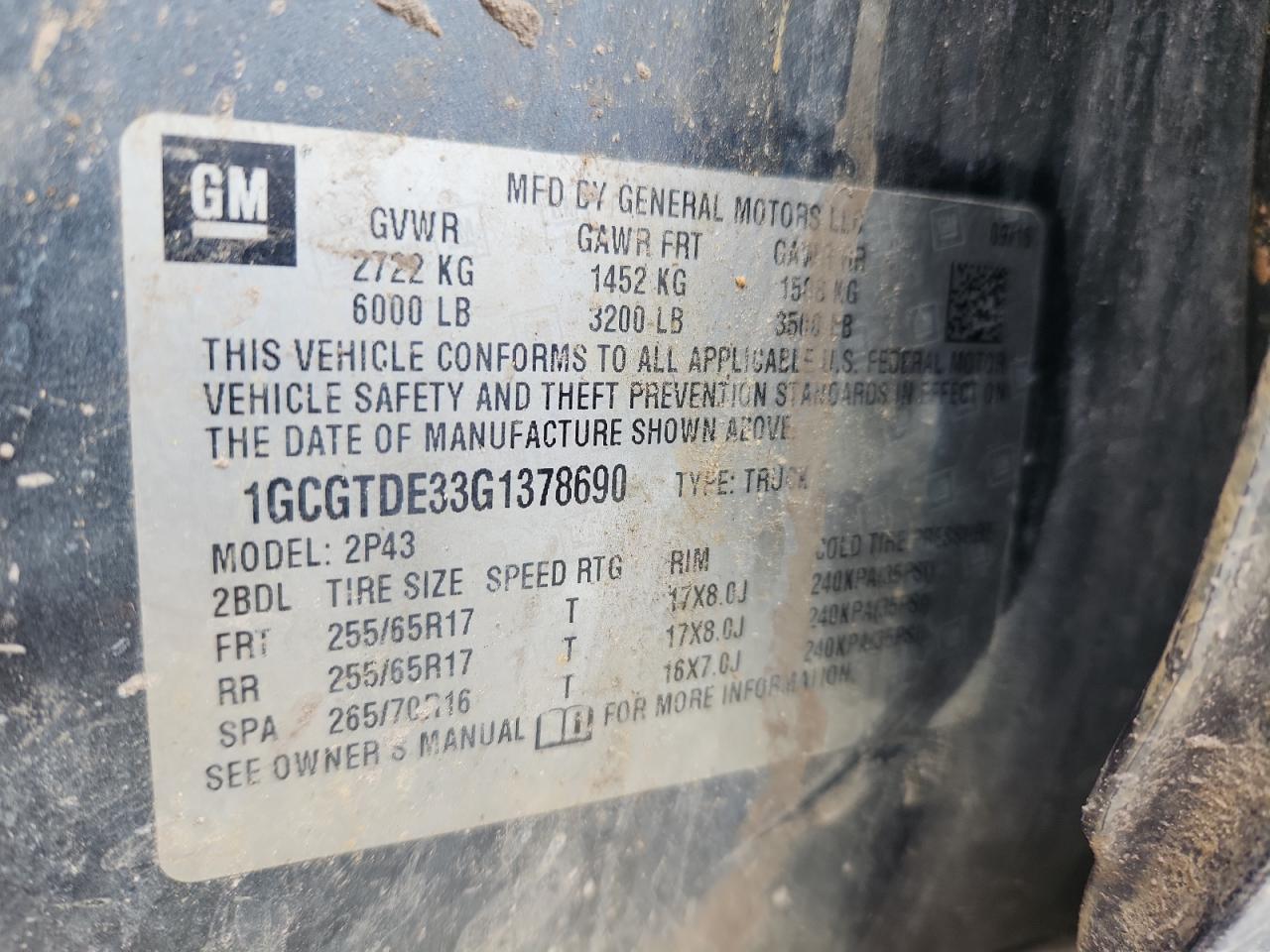 2016 Chevrolet Colorado Z71 VIN: 1GCGTDE33G1378690 Lot: 71946535