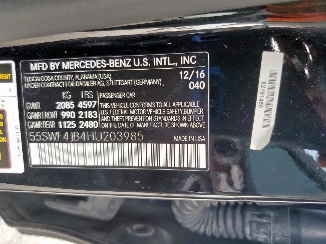 2017 Mercedes-Benz C 300 VIN: 55SWF4JB4HU203985 Lot: 81244005