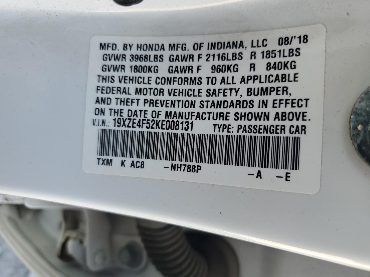 2019 Honda Insight Ex VIN: 19XZE4F52KE008131 Lot: 84296875