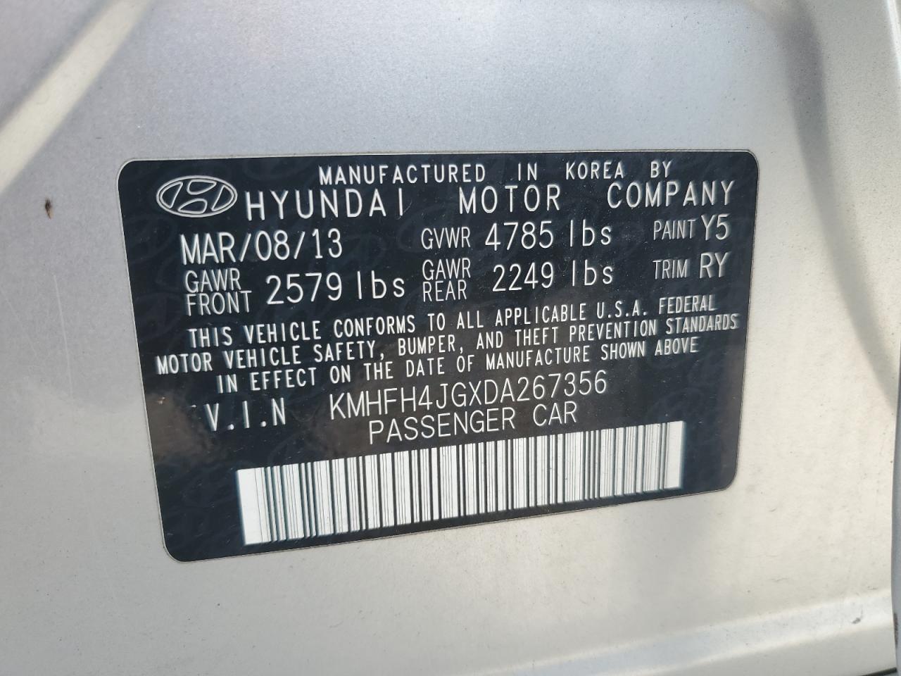 2013 Hyundai Azera Gls VIN: KMHFH4JGXDA267356 Lot: 71692715