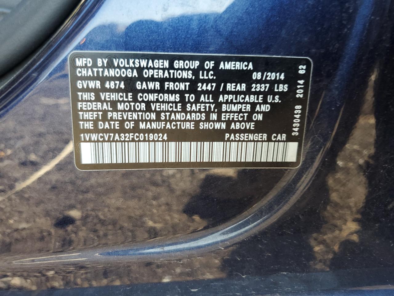 2015 Volkswagen Passat Sel VIN: 1VWCV7A32FC019024 Lot: 84031445