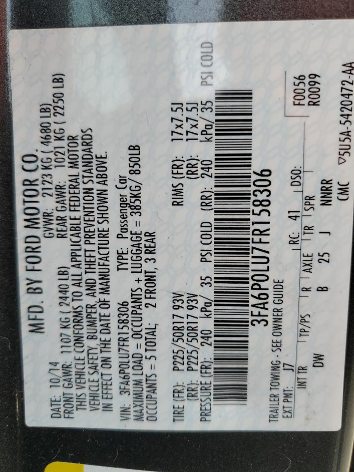 2015 Ford Fusion Se Hybrid VIN: 3FA6P0LU7FR158306 Lot: 72093015