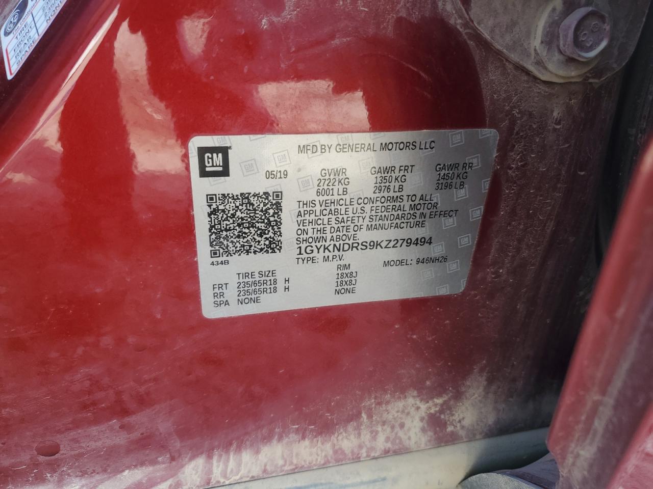 2019 Cadillac Xt5 Luxury VIN: 1GYKNDRS9KZ279494 Lot: 80611685