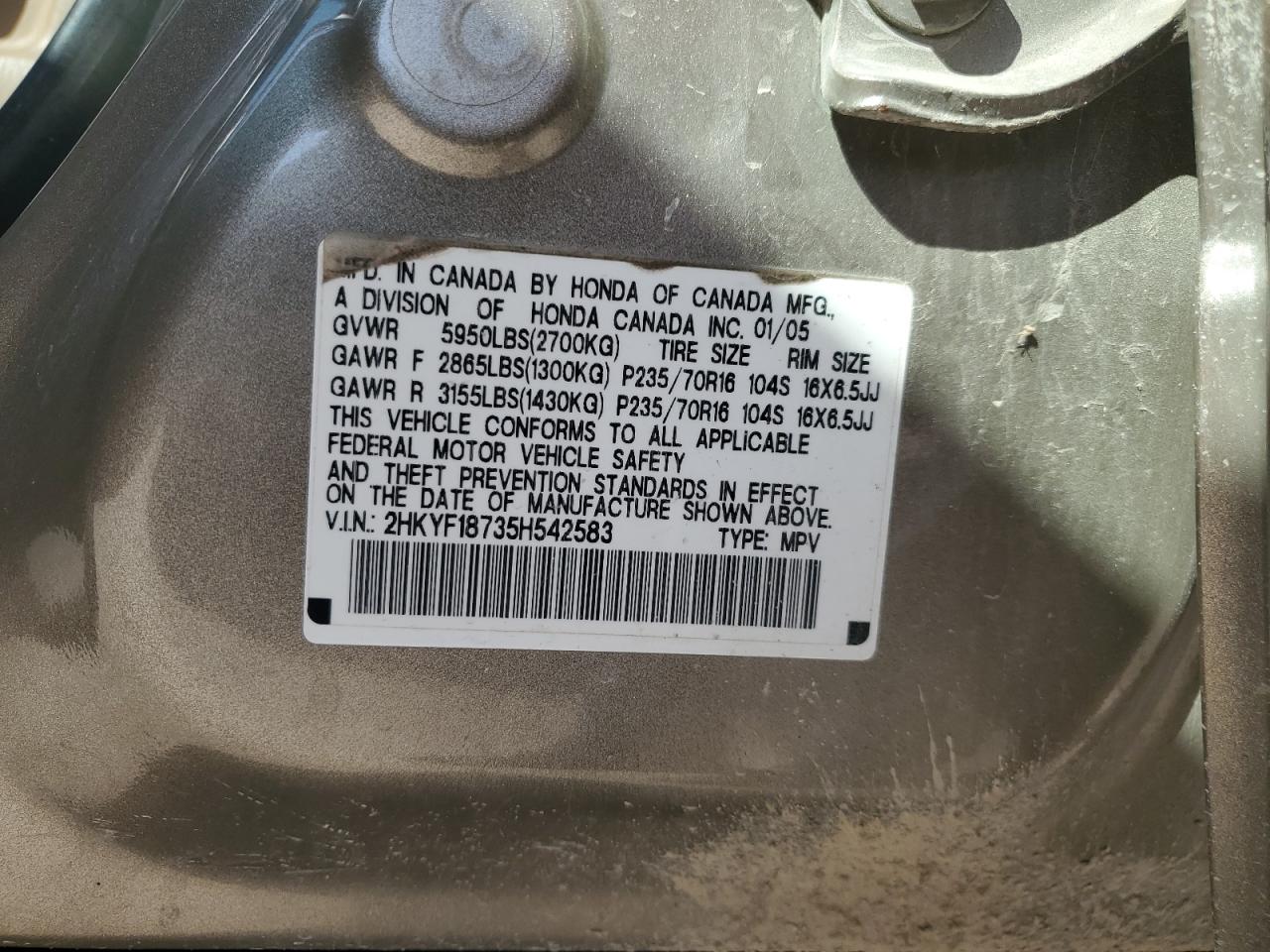 2005 Honda Pilot Exl VIN: 2HKYF18735H542583 Lot: 81152635