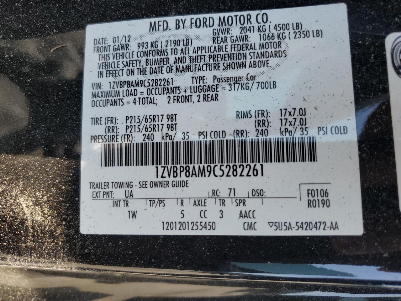 2012 Ford Mustang VIN: 1ZVBP8AM9C5282261 Lot: 71288495