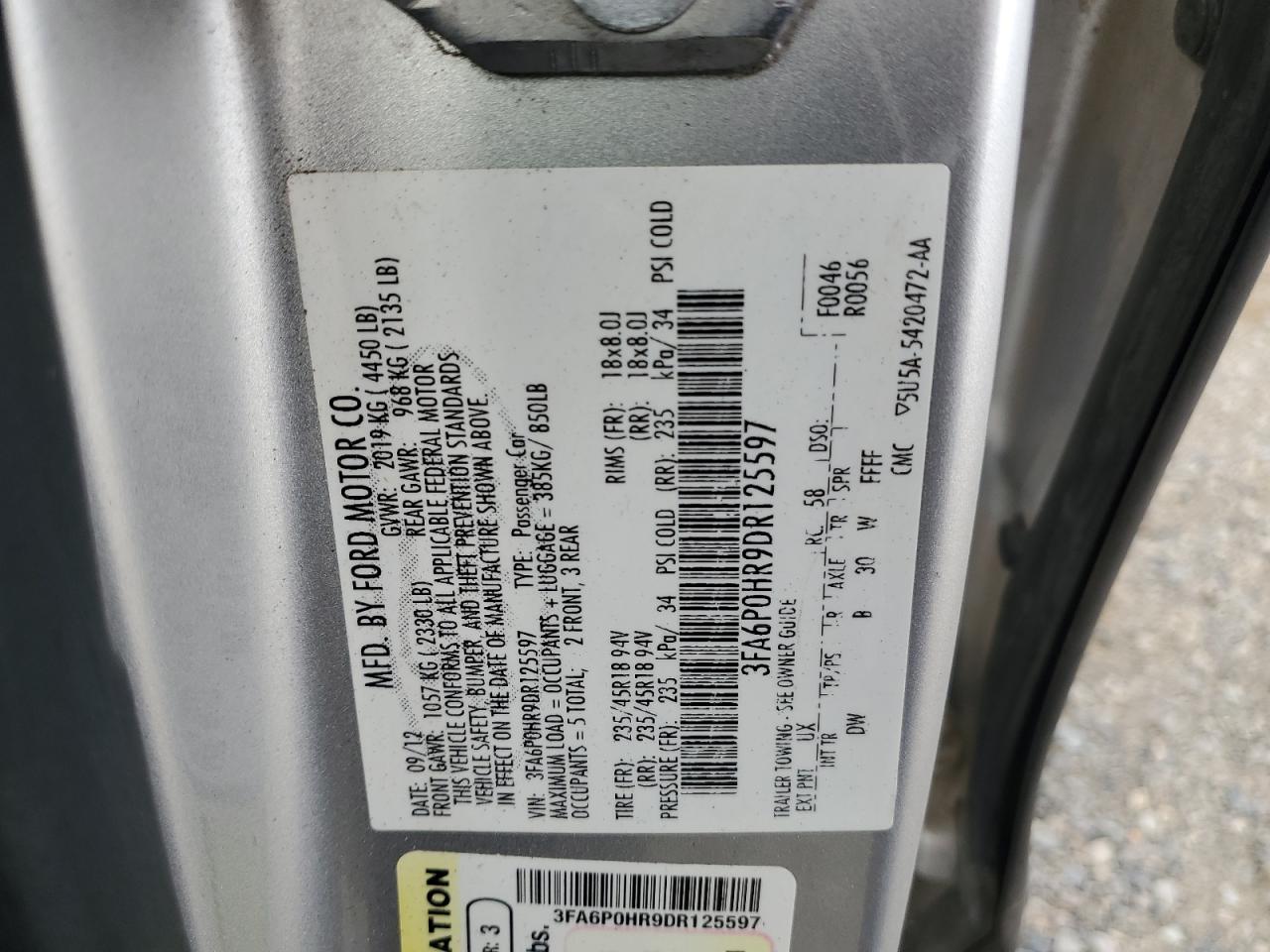 2013 Ford Fusion Se VIN: 3FA6P0HR9DR125597 Lot: 71855085