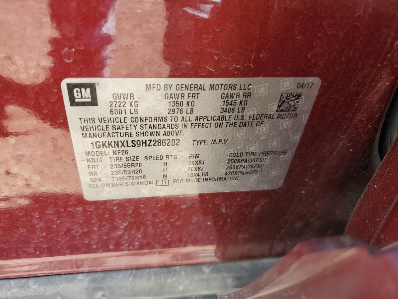 2017 GMC Acadia Denali VIN: 1GKKNXLS9HZ286202 Lot: 83828265