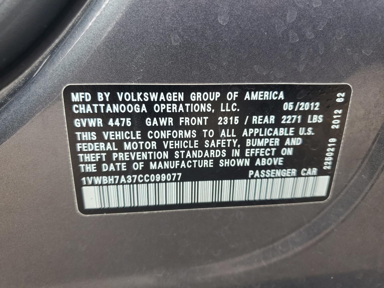 2012 Volkswagen Passat Se VIN: 1VWBH7A37CC099077 Lot: 84652725
