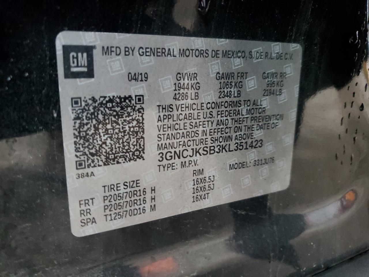 2019 Chevrolet Trax Ls VIN: 3GNCJKSB3KL351423 Lot: 82094355