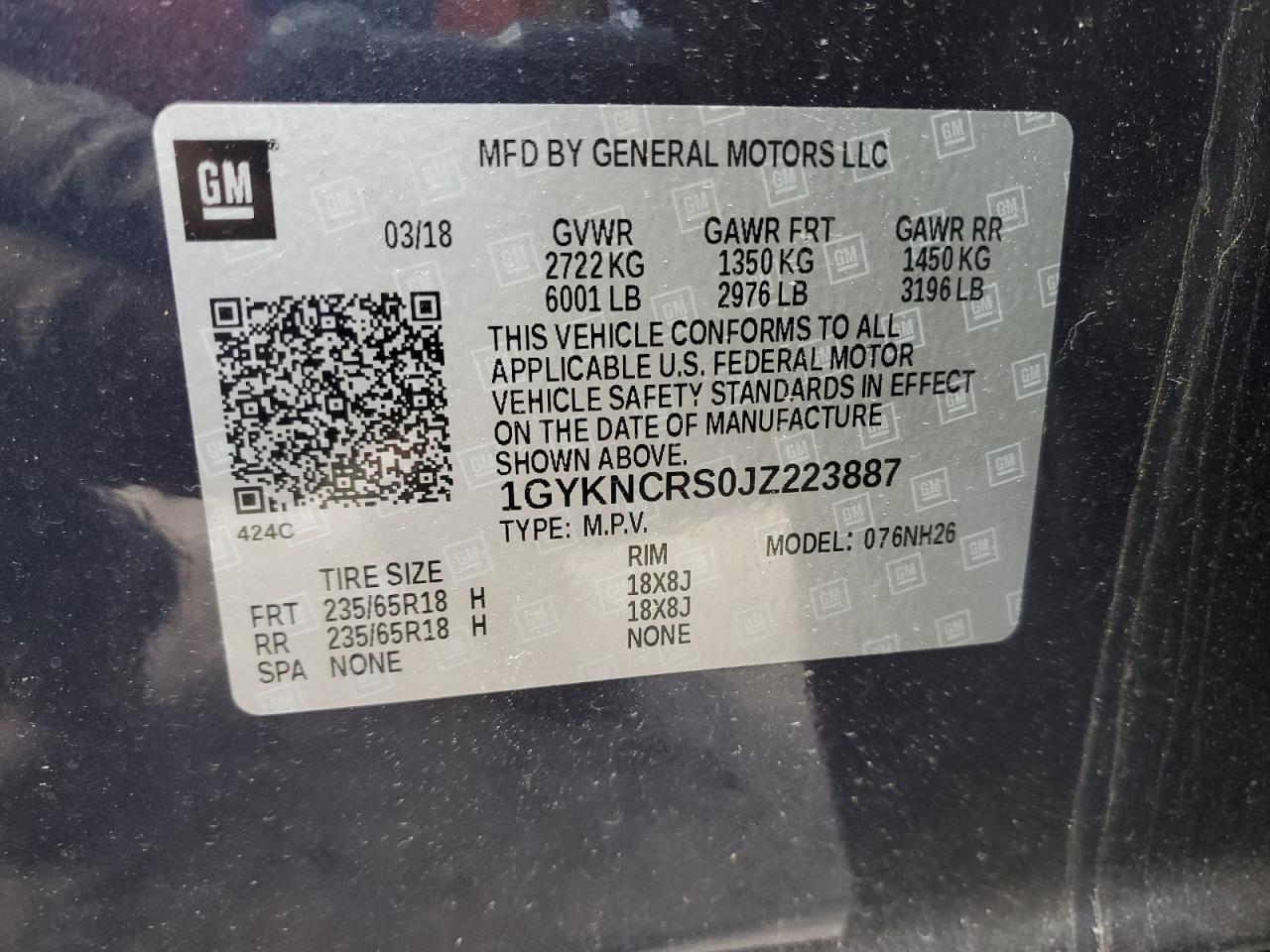 2018 Cadillac Xt5 Luxury VIN: 1GYKNCRS0JZ223887 Lot: 70702155