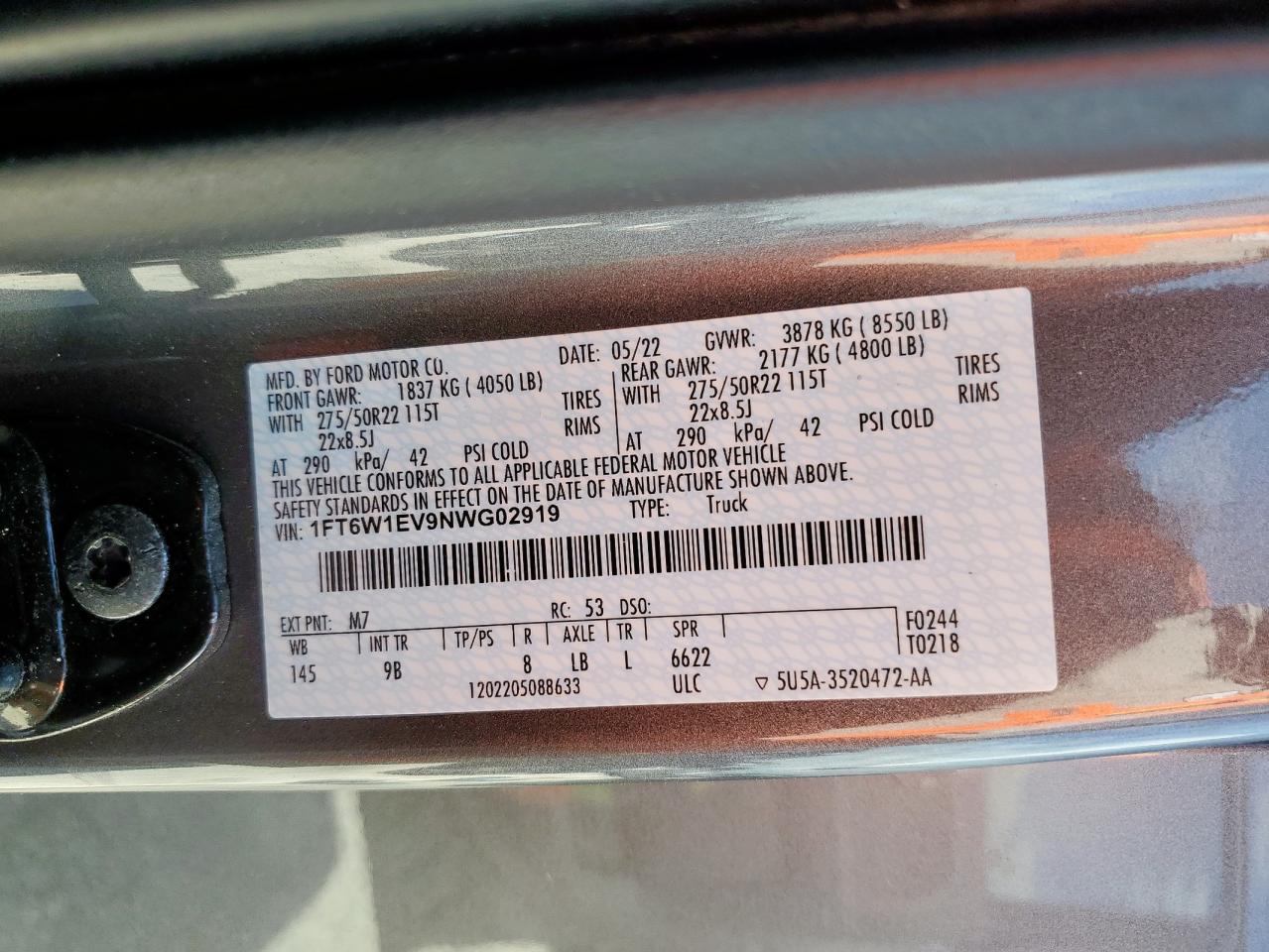 2022 Ford F150 Lightning Pro VIN: 1FT6W1EV9NWG02919 Lot: 83878405