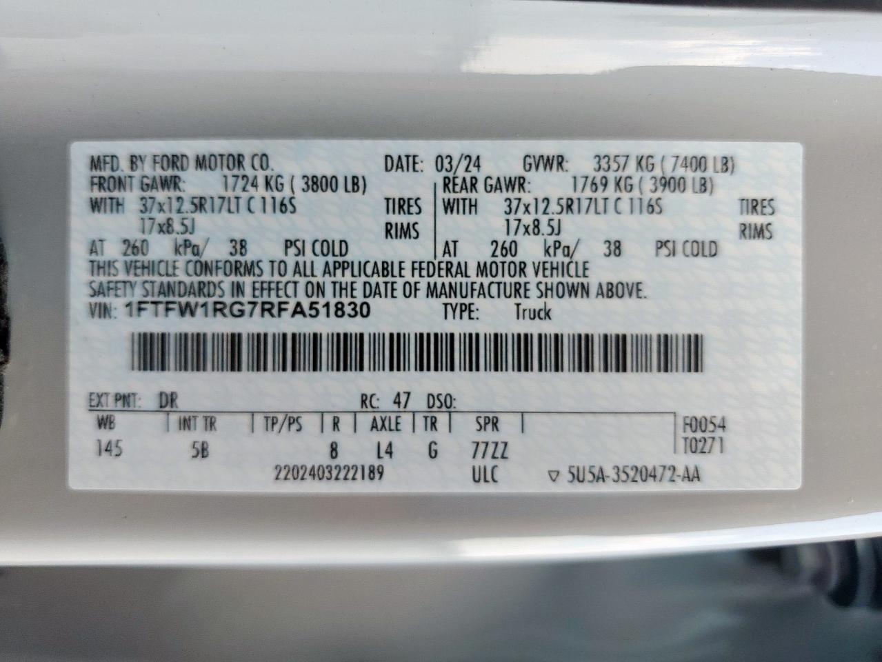 2024 Ford F150 Raptor VIN: 1FTFW1RG7RFA51830 Lot: 68151165