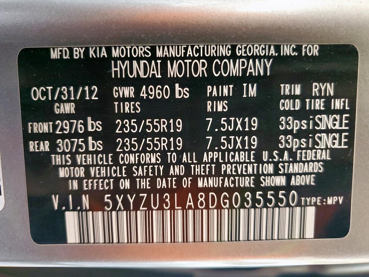 2013 Hyundai Santa Fe Sport VIN: 5XYZU3LA8DG035550 Lot: 81913955