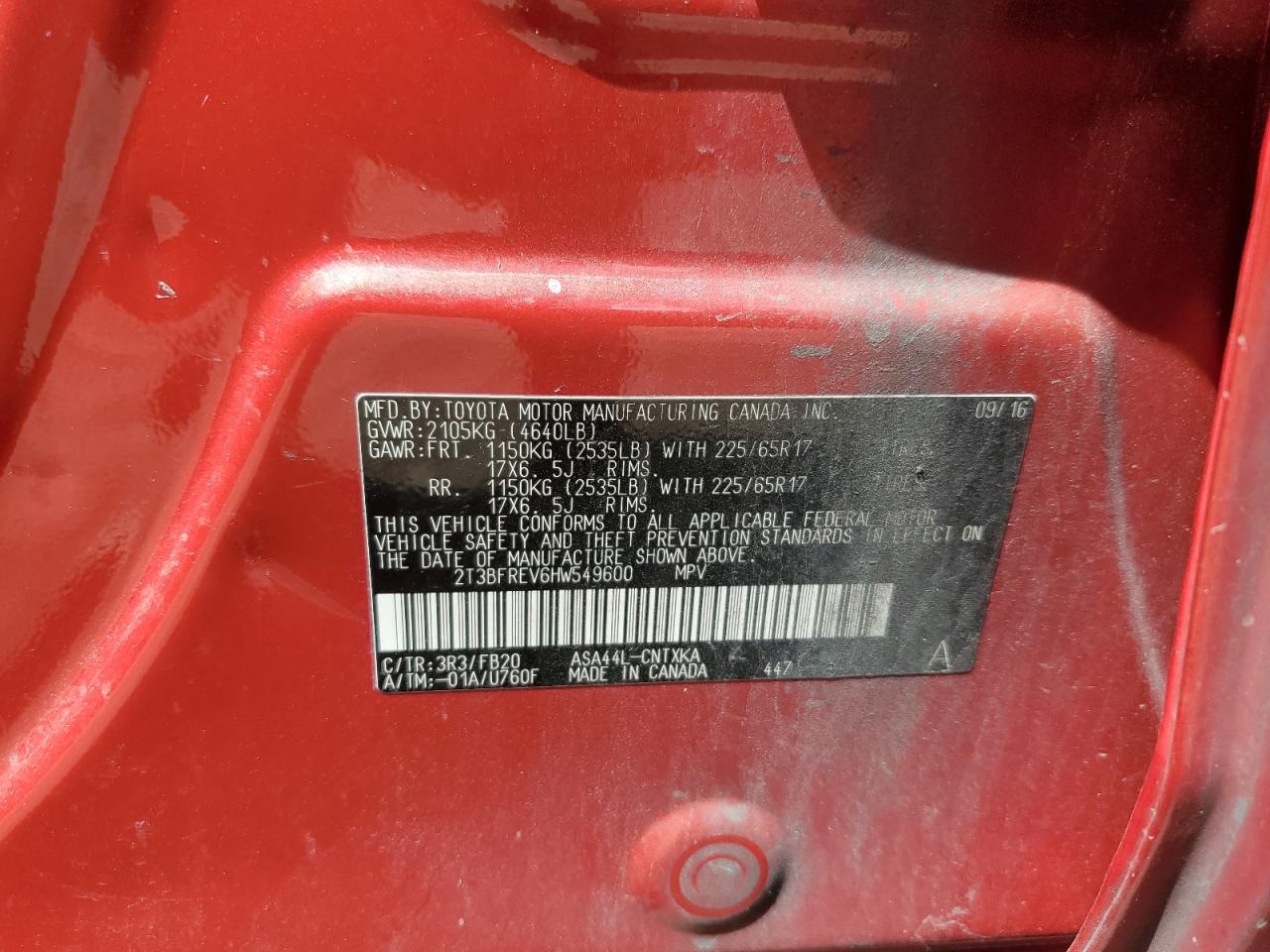 2017 Toyota Rav4 Le VIN: 2T3BFREV6HW549600 Lot: 70278625