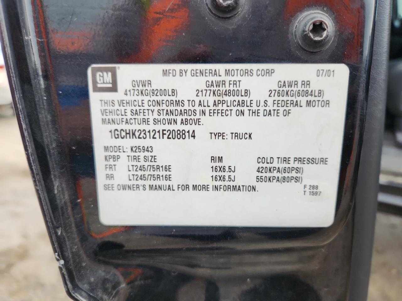 2001 Chevrolet Silverado K2500 Heavy Duty VIN: 1GCHK23121F208814 Lot: 81619255